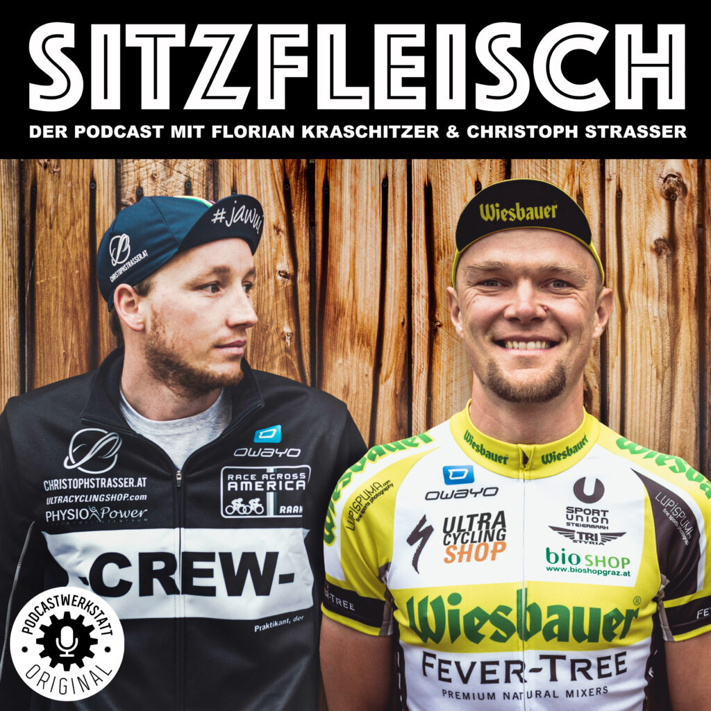 Podcast Cover zu "Sitzflesich - der Podcast mit Florian Kraschitzer und Christoph Strasser" mit eben diesen Personen am Bild