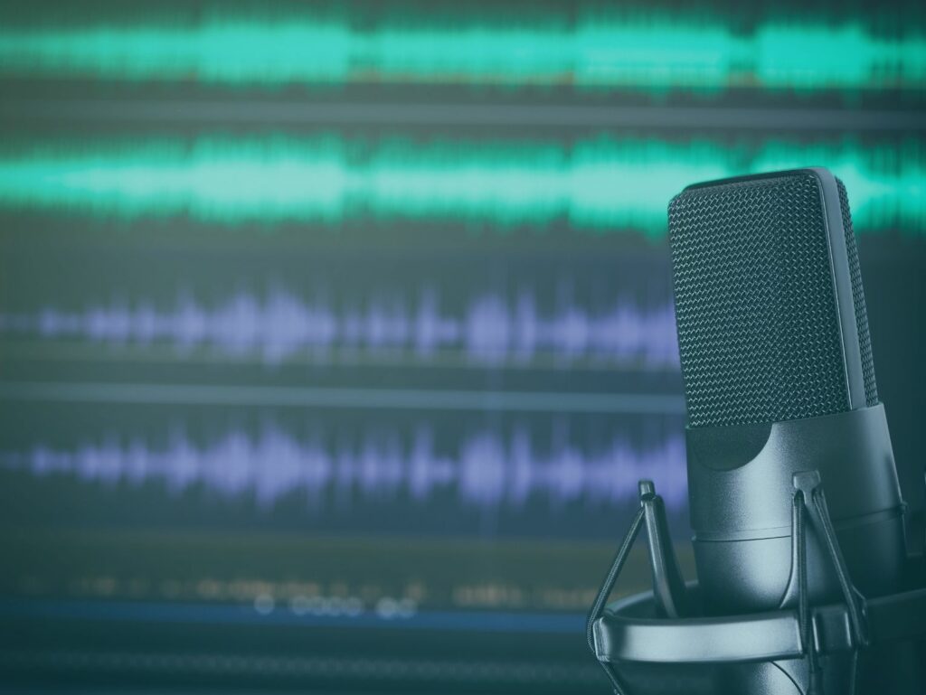 Podcast Mikrofon vor Schnittprogramm